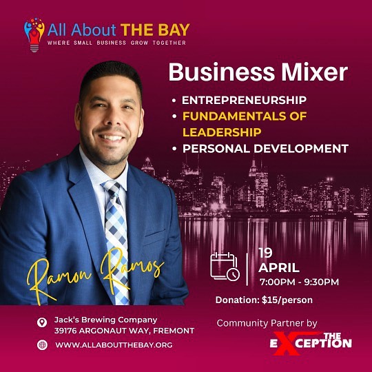 We are excited to partner with “All About the Bay” in providing support to the small business community. If you’re in the Bay Area we invite you to join us! Ramon will be speaking about entrepreneurship, leadership and personal development.
See below for details:
Wednesday, April 19th
7:00 - 9:30pm
To register click the link in the bio.
#allaboutthebay #theexception #nonprofit #leadership #entrepreneurship #personaldevelopment