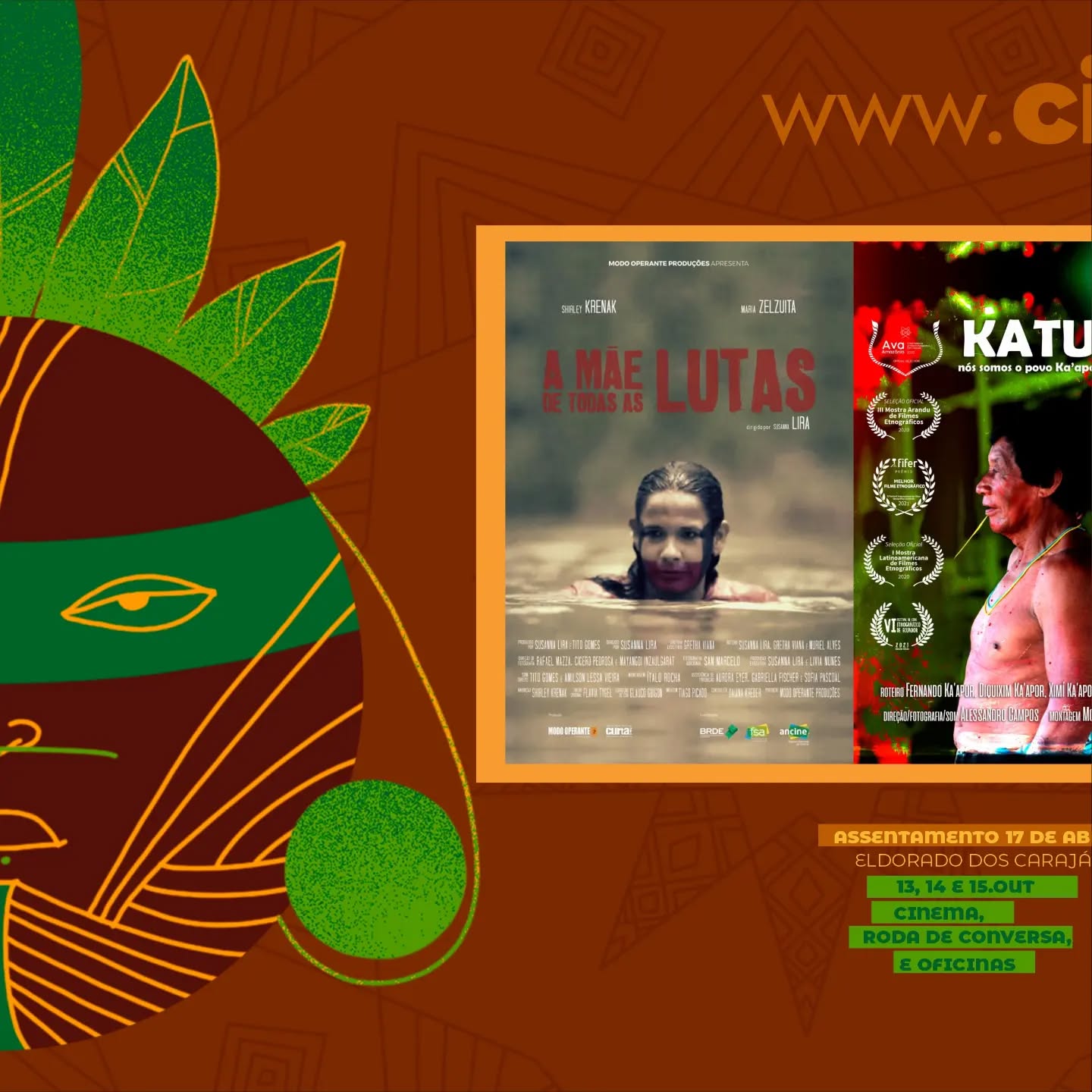 Mostra cinematográfica com exibição de cinco filmes - “Andiroba”, de Luiz Saraiva, Jessica Leite e Paulo Oeiras, “A mãe de todas as lutas”, da carioca Susanna Lira, “Katu, nós somos o povo Ka’apor”, de Alessandro Campos, “A pandemia e os conflitos no território Jambuaçu, no Pará” e “Mangues, Mundus”, ambos de Cícero Pedrosa Neto e San Marcelo.
Cinema, bate-papo, roda de conversa e oficinas.
Equipe Técnica
Produção Executiva @ceci_nf
Produção e Mediadora @biolarif
Produção e Mediadora @nievesRodrigues
Mediadora @anapatriciars
Coordenador e Oficineiro @san.marcelo.dp
Oficineiro @ciceropedrosaneto
Oficineiro @alessandroricardocampos
Produção Local @mestrelazarooficial
Designer @mhorgana_
Intérprete de LIBRAS martamoura
Apoio @manguesdaamazonia
Realização @sapucaiafilmes
@cine_caete @casadasartesfcp @fundacaoculturalpa @secultpara
Projeto realizado com Prêmio Mergulho 2023
CAAV - DART- FCP