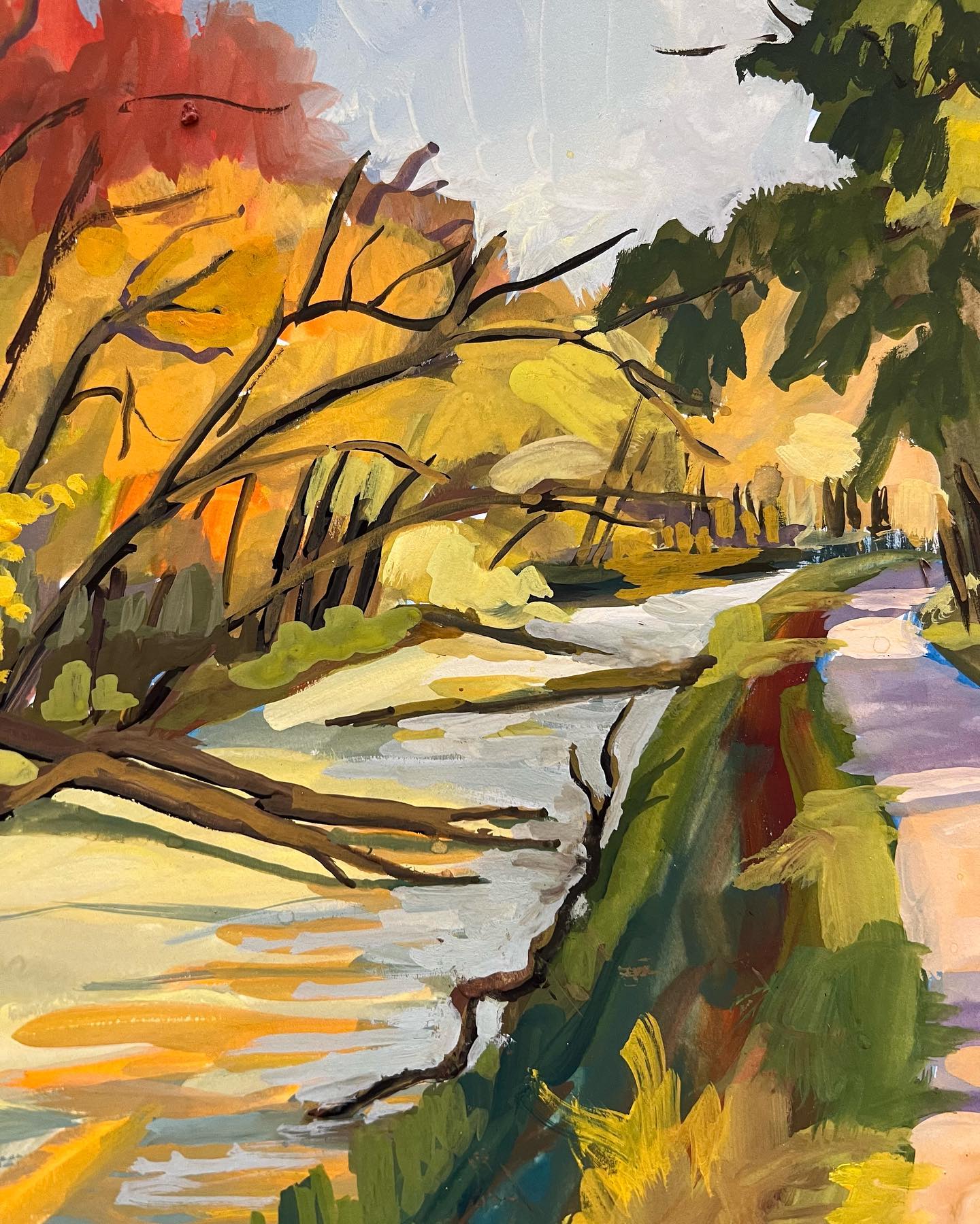 The messy colorful chaos of the Canal this fall is fun to practice painting in gouache.