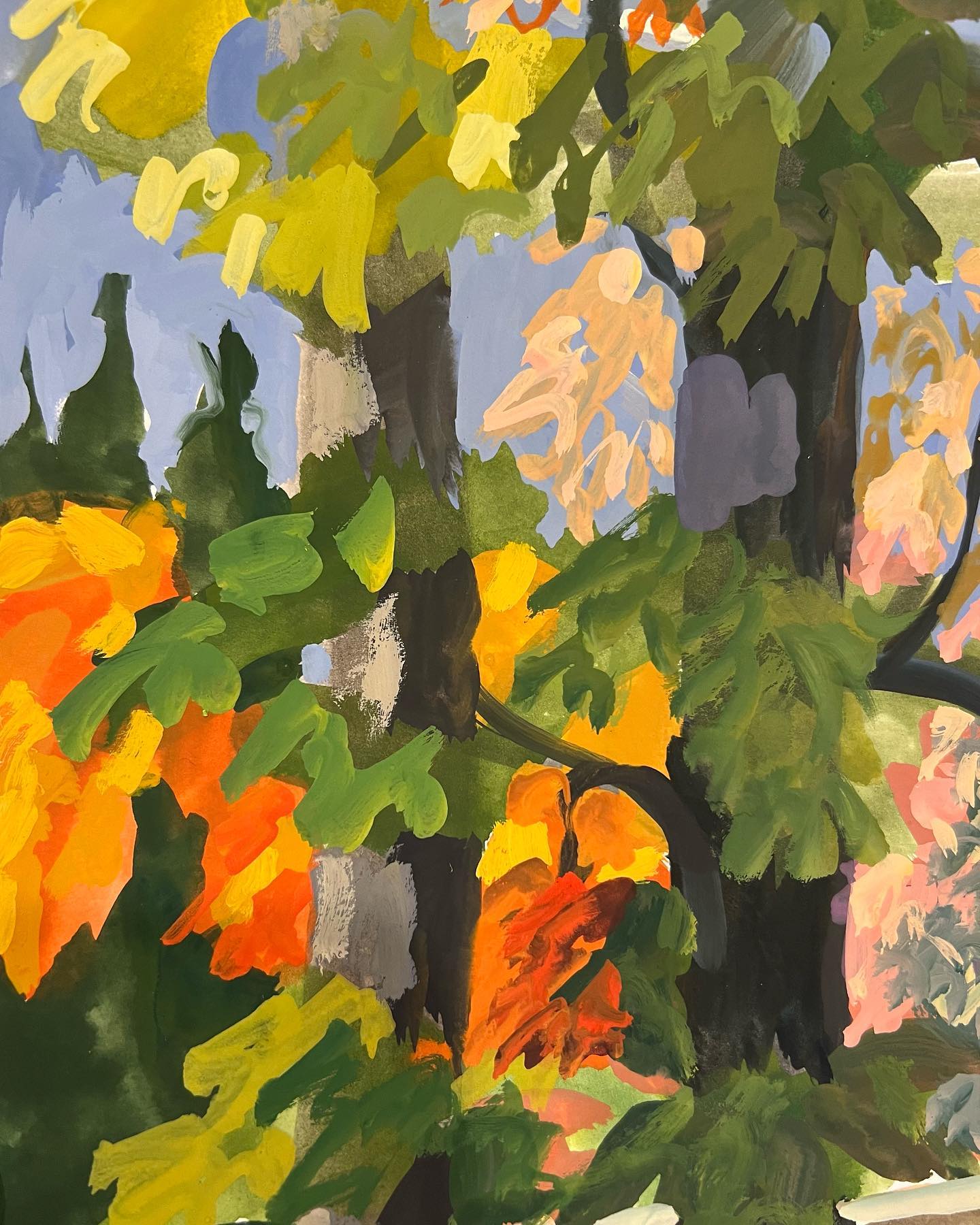 This is a small gouache I painted while admiring the view out my window, which my camera could not capture.