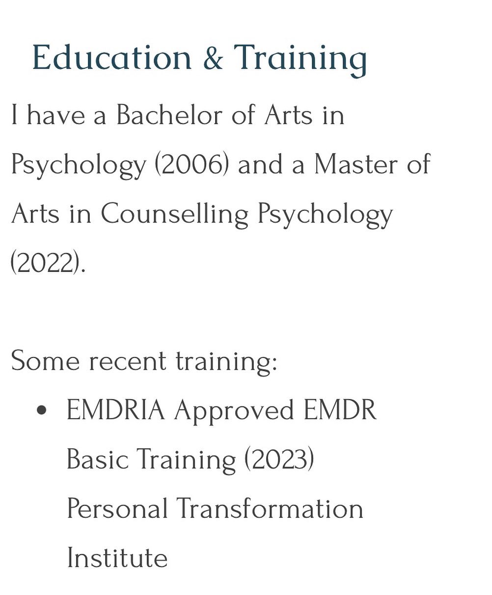 New update to the website! ✨
I'm now trained in EMDR (eye movement desensitization and reprocessing). EMDR can be an effective modality to process traumatic memories by bringing it to the present using bilateral eye movements. If you have any questions, feel free to contact me at info@dvscounselling.ca ✨
.
.
#counselling #canadiancounsellor #registeredclinicalcounsellor #victoriabc #pnwcounsellor #counsellingpractice #individualcounselling #bcacc #ccpa #RCC #counsellor #colwoodcounsellor #colwood #backtobackchiro #westshorecounsellor #therapist #westshorechamberofcommerce
#emdr #eyemovementdesensitizationandreprocessing