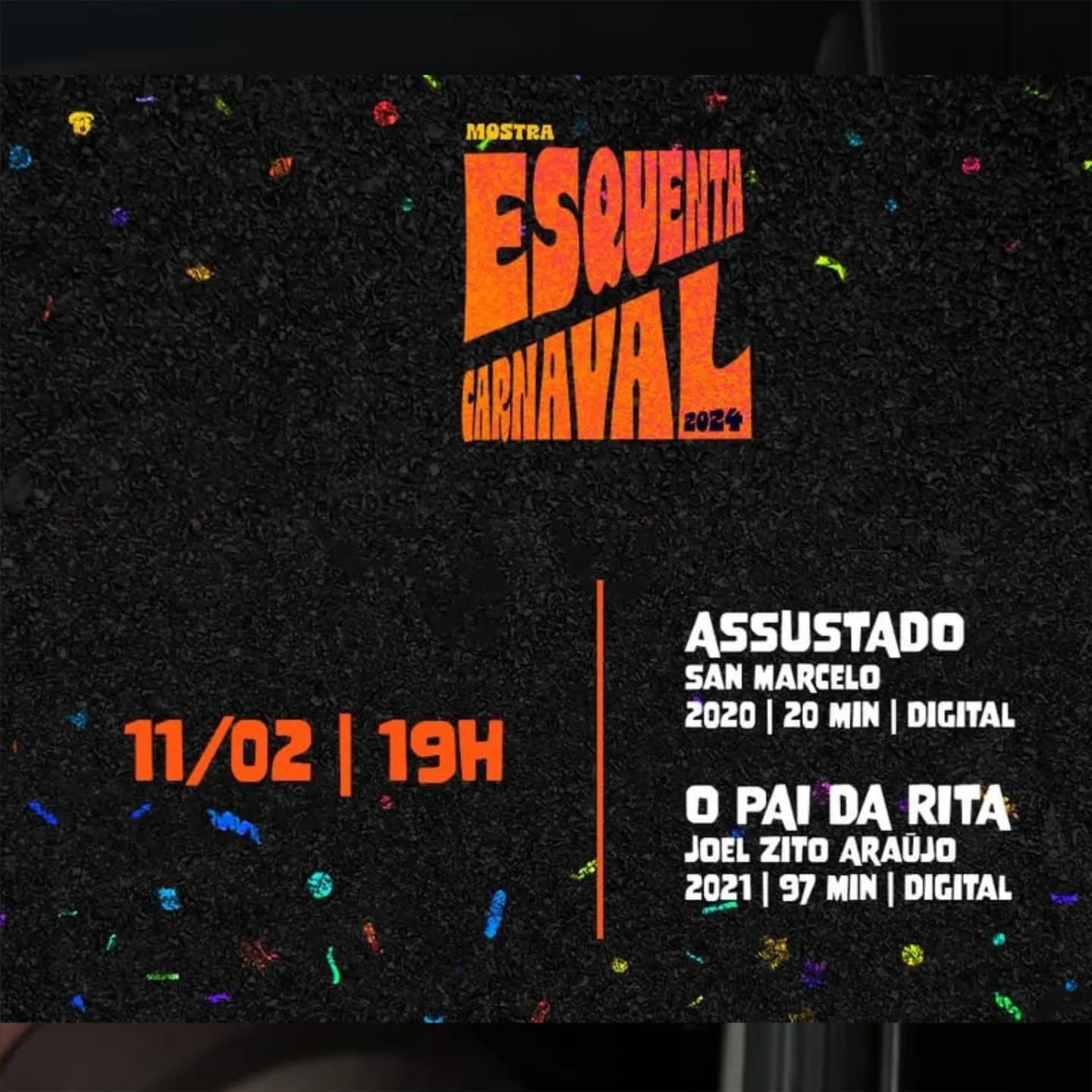 #Repost @cinemateca.brasileira
——
FIM DE SEMANA | Hoje (10) e amanhã (11) são os últimos dias para acompanhar a 2ª edição da mostra ESQUENTA CARNAVAL. Entre os filmes, FIM DE FESTA (2019), de Hilton Lacerda, AZOUGUE NAZARÉ (2018), de Tiago Melo, e ASSUSTADO (2020), de San Marcelo.
A mostra ESQUENTA CARNAVAL traz seis sessões entre os dias 8 e 11 de fevereiro, cada uma com um curta e um longa-metragem, destacando a euforia, as contradições e a riqueza da maior festa do país.
A programação traz filmes como: ORFEU NEGRO (1959), de Marcel Camus; O PAI DA RITA (2021), de Joel Zito Araújo; e CARNAVAL PAULISTA DE 1937, um registro histórico e raro sobre os bailes e os desfiles no carnaval de São Paulo - resgatado recentemente no projeto Nitratos da Cinemateca Brasileira, parte do Projeto Viva Cinemateca.
A programação é gratuita e os ingressos são distribuídos uma hora antes de cada sessão.
Mais informações no site da Cinemateca Brasileira.
#cinemabrasileiro #cinemaAmazonico #MelhorCurtaNacional2022 #abraccine. #cinemabragantino #cinema #braganca #para #cinemaparaense