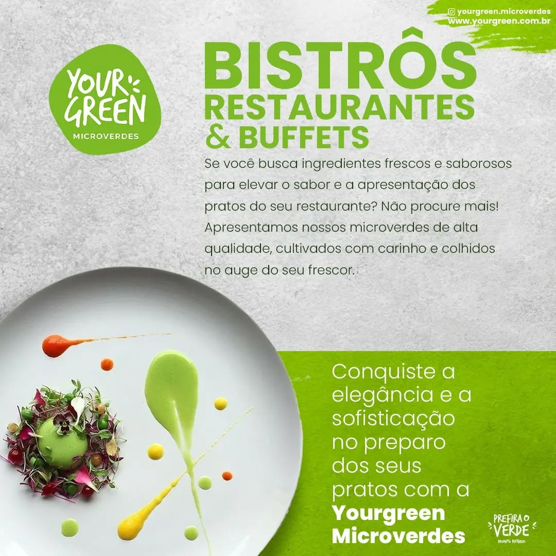 Por que escolher os microverdes da YOURGREEN?
Sabor Intenso: Nossos microverdes são conhecidos por sua concentração de sabor. Eles adicionam um toque de frescor e intensidade aos seus pratos.
Variedade de Opções: Oferecemos uma ampla variedade de microgreens, desde repolho roxo, beterraba e até mostarda, que certamente complementarão seu cardápio de maneira única.
Frescor Garantido: Colhidos no dia e entregues diretamente ao seu restaurante, nossos microverdes mantêm sua frescura e sabor inigualáveis.
Alta Qualidade: Nossos produtos são cultivados com métodos sustentáveis e paixão, garantindo que você receba apenas o melhor.
Personalização: Trabalhamos com você para atender às suas necessidades específicas de entrega, quantidade e seleção de microverdes.
Como encomendar:
Reserve Sua Colheita: Convidamos você a fazer a sua reserva na nossa colheita de microgreens, garantindo ingredientes frescos e saborosos para elevar a qualidade de seus pratos. Quando você escolhe nossos microverdes, está optando por qualidade nutricional, sustentabilidade e elegância no preparo dos pratos do seu restaurante. Estamos ansiosos para fornecer a você ingredientes excepcionais que seus clientes vão adorar.
Contato:
YOURGREEN MICROVERDES
WHATSAPP: 82 9.81870171
EMAIL: yourgreen.microverdes@gmail.com
Visite nosso site: www.yourgreen.com.br
Não perca a oportunidade de elevar a qualidade e apresentação dos pratos do seu restaurante. Entre em contato conosco hoje mesmo e faça a sua reserva na nossa produção!
#Microverdes #InovaçãoCulinária #SaborSaudável #YourgreenMicroverdes #Superalimento #AlimentaçãoSaudável #ComidaSaudável #AlimentaçãoConsciente #Nutrição #ReserveAgora #EatingGreen #SaudávelEVital #Yourgreen #MicroverdesMaceió