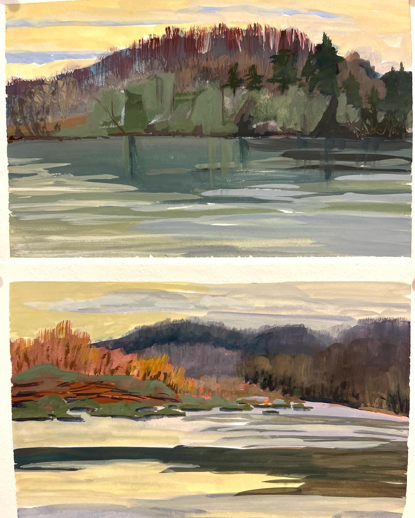 Two small gouache sketches by the river this morning.  The muted colors of a cloudy day in late winter surprised me!