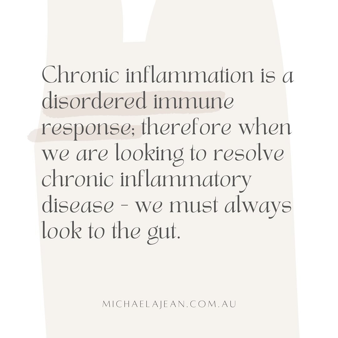 In the human science arena, we KNOW that the human body houses 70-80% of the immune system in our guts, residing in the GALT (gut-associated lymphatic tissues). This is why I am always reminding my clients that if you have chronic inflammation (IE the nature of just about every single disease or ailment), it is absolutely CRUCIAL that we look to the gut.
WHY? Because inflammation is an immune response. In the context of a healthy individual - we see this in a short term capacity, e.g. if we fall over and cut ourselves - we need to create an inflamed state to promote rapid healing + send cells to promote blood clotting to prevent bleeding to death.
However —> when inflammation is CHRONIC (ie. long term): this is a type of disordered immune response. Basically there is something in your body e.g. a nutrient deficiency, an infection, a food intolerance, an autonomic immune system imbalance… (🔄GUT! GUT! GUT!⬅️↩️↩️) that is telling your brain that you are in a state of danger/threat (just like when you have a cut on your arm); often for months or even years at a time.
This leads to our bodies functioning in a state of suboptimal health AKA the underpinning theme of chronic disease. Our bodies adapt, but still feel threatened - so we survive but with a compromise to our wellbeing.
THE SOLUTION: investigate your gut health / your source of inflammation and help to remind your body that you are SAFE and okay to function normally. Your body wants to be well for you - never forget this. As soon as the underlying cause / key driver of your inflammation is identified and addressed - your body WILL come back into balance for you, and that inflammation / threat signalling to your brain will cease ♡.