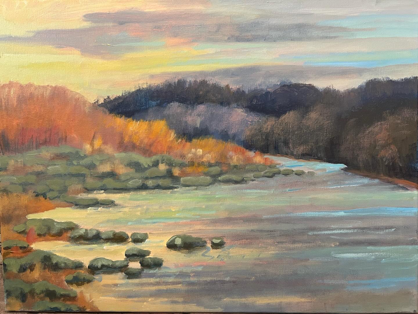 Larger studio painting done from a quick gouache sketch of a cloudy day last week at the river. Surprising colors of early spring.