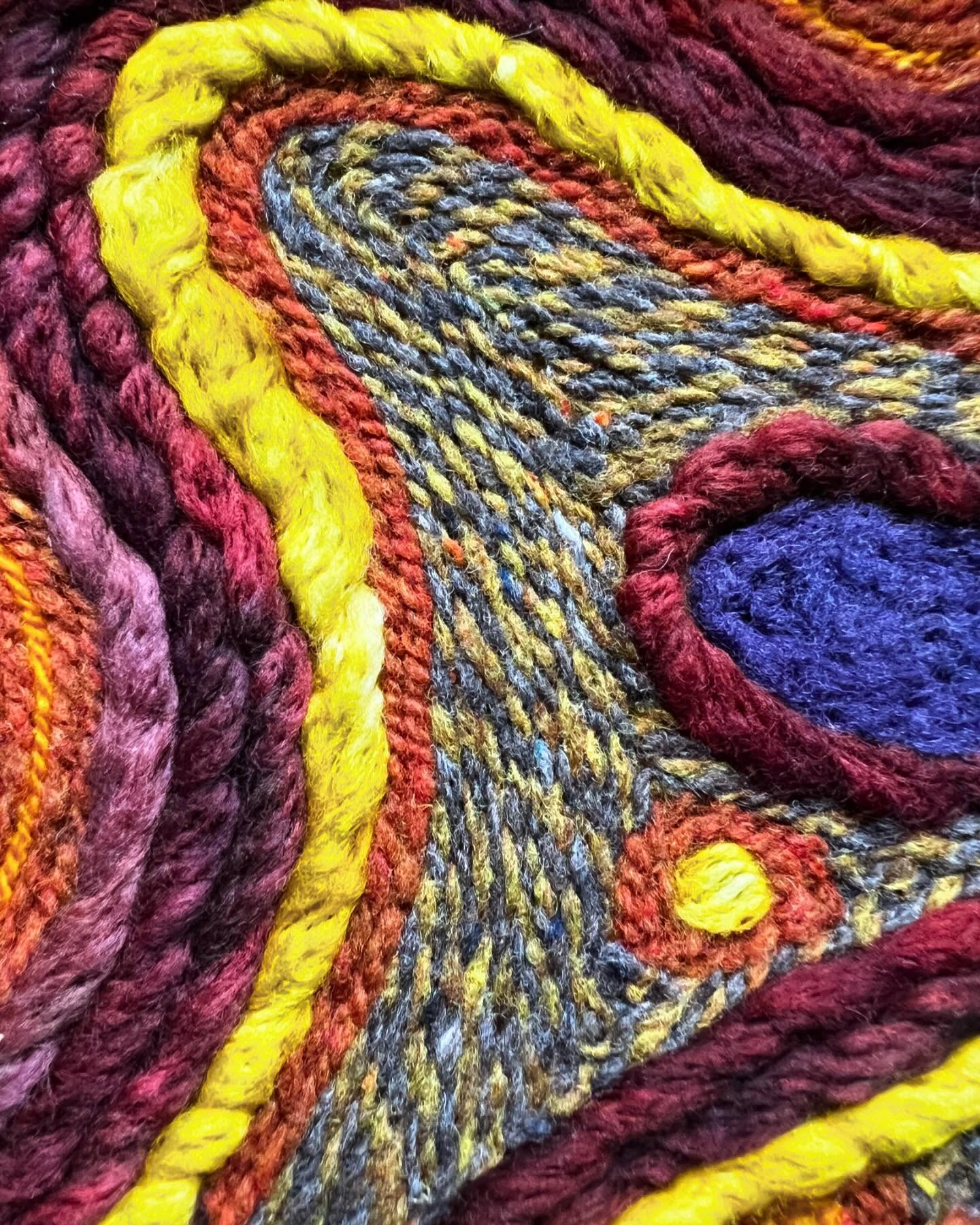 Macro or micro bio
all our lines are from the land
and repeat as
microgeo
graphy
geology
in rhythm
intestinal
intwined
Laguna Agate #1 2024. Felted wool and silk and a felt base made from fossil fuels.