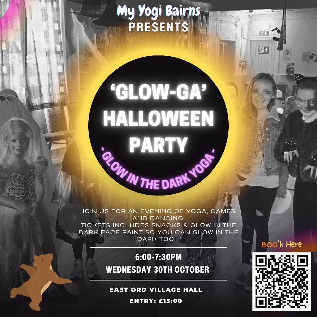 🎃✨ GLOWGA: Kids Halloween Glow-in-the-Dark Yoga Party! ✨🎃
🕸️ Ready for a spooky-fun night of stretching and glowing?! Join us for Glowga – a glow-in-the-dark yoga party for kids! 👻🧘♀️
🗓️ When: Wednesday, October 30th
🕕 Time: 6:00 PM – 7:30 PM
🎉 What’s included?
Glow-in-the-dark tattoos & face paint 🎨
Yoga fun under neon lights! 🌟
Snacks & goody bags packed with surprises 🍬🛍️
Dress in your brightest halloween glow gear and let’s light up the night! Space is limited, so grab your spot now! 💥
Book your spot, www.myyogibairns.co.uk! #GlowgaParty #HalloweenYoga #KidsGlowParty #YogaFun #kidsyoga #Yoga #teacher #ChildrensYoga #activityprovider #foryou #fyp #kidsclub #kiddingaroundyoga #MyYogiBairns #teacherlife #parentlife #Kids #teachergram #berwickupontweed