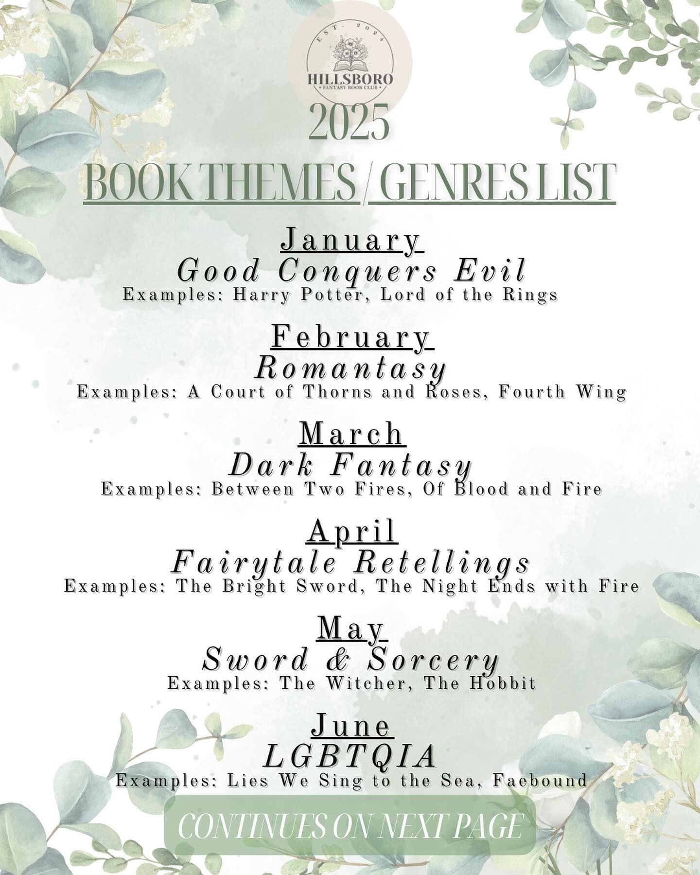 📚 We are excited to announce the list of themes/genres for 2025! Take a look and let us know at the next in person book club if you are interested in a particular month and want to pencil your name in 😊 📚
✨ Also please click on this following link and share with us any books on your TBR or fantasy books that you love! Please also list the genre/theme of the book if you can. This will help in case we need to fill a spot in a 2025 month and in the future when we create a book recommendation list! ✨
https://docs.google.com/forms/d/e/1FAIpQLSeT7mahYJDUK857ux_u6JCvhe_zpMSxhpYRM2RG0djQykXOdg/viewform?usp=pp_url
📚 Happy reading! We are so excited to start another exciting year in just a few months!! 📚
.
.
.
.
.
.
.
.
.
.
.
.
#hillsborofantasybookclub #bookclub #bookstagram #booklover #books #bookworm #reading #foryou #bookish #booknerd #bookaddict #bookcommunity #bookstagrammer #readersofinstagram #bookrecommendations #bookreview #bookshelf #booklovers #booksofinstagram #booksbooksbooks #bookblogger #goodreads #read #booklove #bookaholic #bookphotography #author #booktok #readingtime #bookobsessed