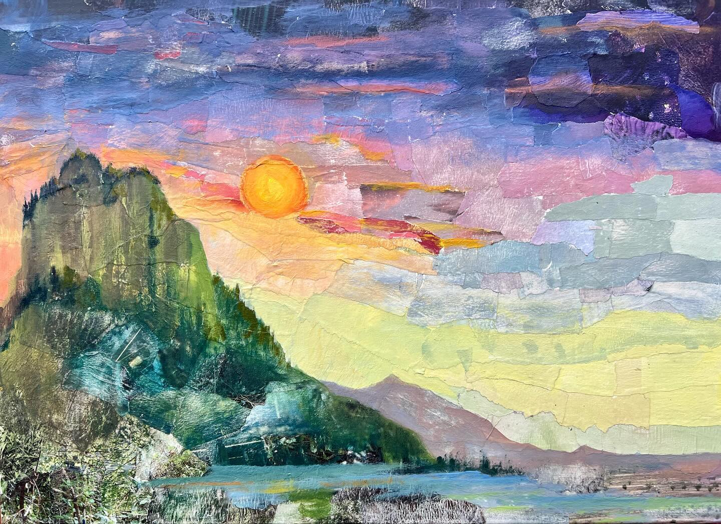 I love choosing pieces of torn paper (from my pre-sorted by color stash!) and intuitively glue them down on canvas. Often there is a landscape that appears.  I usually go back into it with acrylic paint. It is mysterious and delightful!