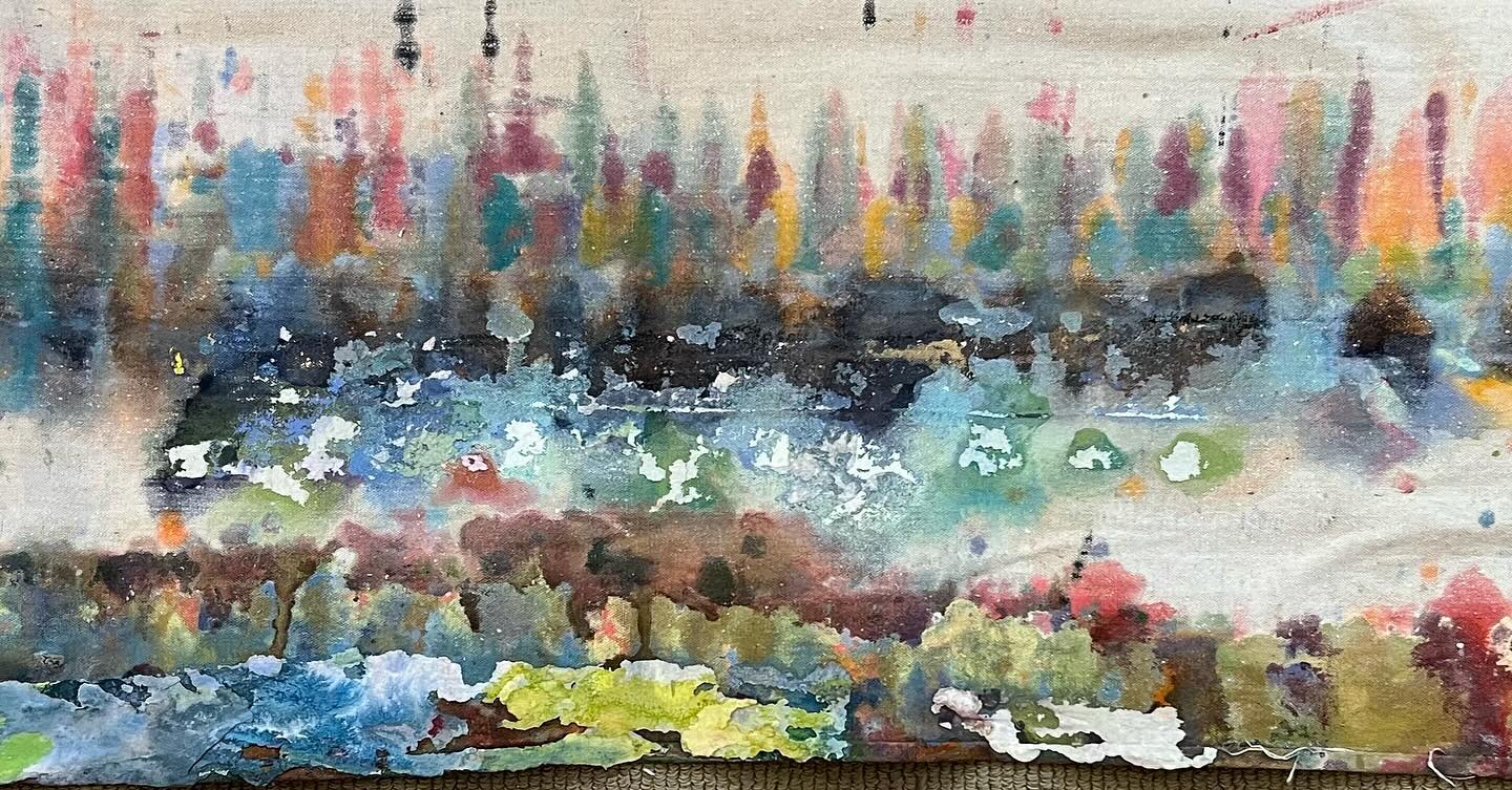 As I was cleaning up and clearing out the studio I found this old drop cloth (used for many grid paintings!) and I decided to mount it on some stretcher strips.