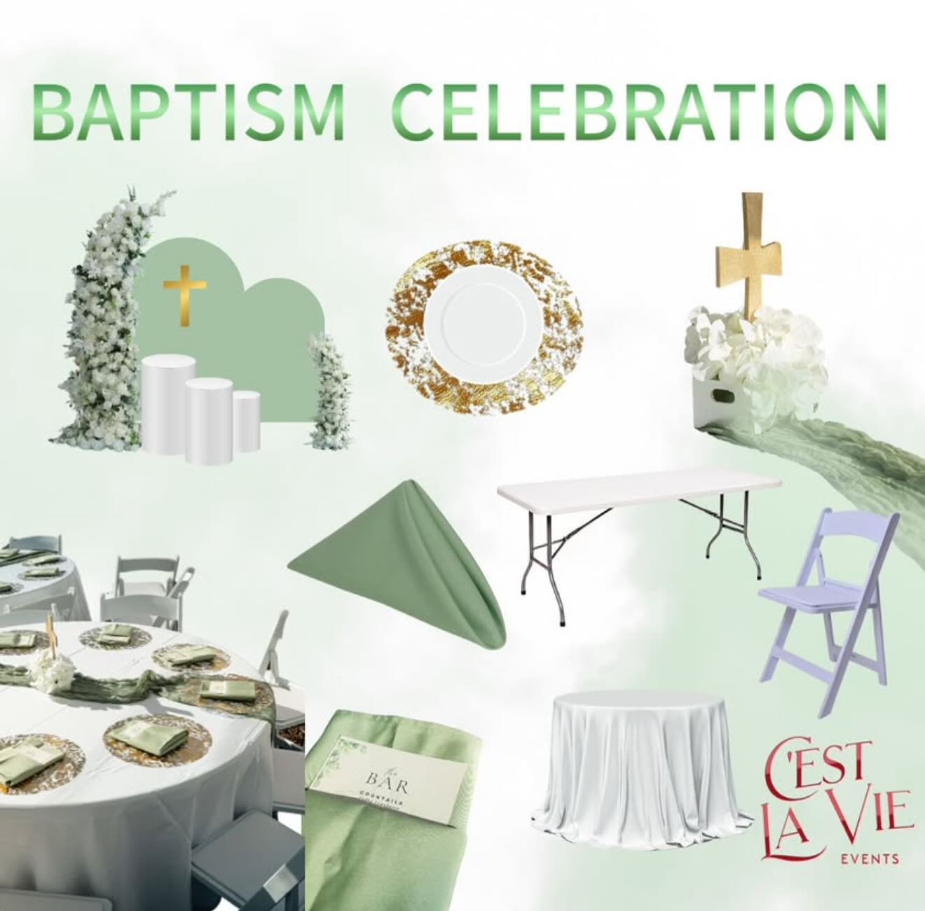 “Celebrate your little one’s special day with elegance and charm! 🌿 From chic table settings to beautiful decor, we’ve got everything to make your baptism celebration truly unforgettable. Let’s create memories that shine as bright as your blessings. ✨
📞 DM us to book your event essentials today!
Tag someone who needs this setup for their next baptism event! 💚 #CestLaVieEvents #BaptismCelebration