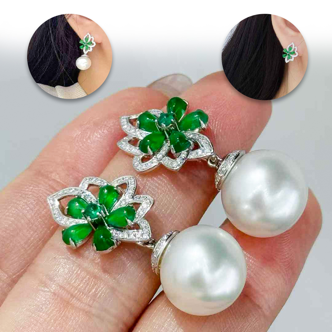 These versatile earrings seamlessly blend luxury and practicality, offering two distinct wearing options. Designed with top-grade Type A jadeite (翡翠) in a vivid green hue, intricately arranged into a floral motif surrounded by brilliant diamonds, these earrings radiate timeless elegance. The detachable Aurora South Sea white pearls, renowned for their exceptional size, luminous sheen, and rarity, allow you to transition effortlessly between styles. Wear them as classic studs for a refined everyday look or add the pearls for a statement-making accessory perfect for special occasions. Crafted with precision and meticulous attention to detail, these earrings epitomize sophistication and adaptability.
#southseapearljewellery #southseapearlearrings #convertiblejewelry #transformablejewelry
#jadeiteearrings #jadeiteearringsforsale