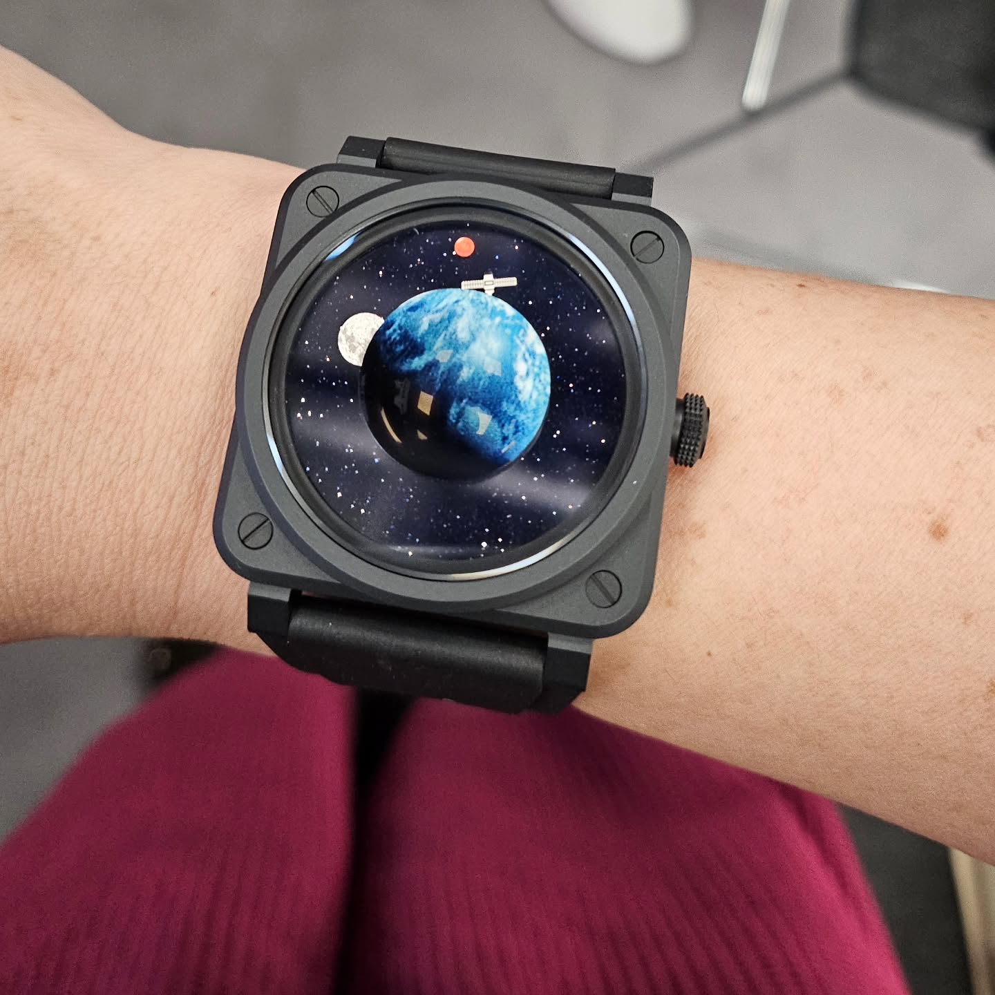 Finally, I got a closer look at the watch - @bellrosswatches BR-03 Astro. Earth in the centre, surrounded by the Moon and Mars. 41mm, self-winding mechanical movement BR-CAL. 327, 41mm, micro blasted black ceramic, limited edition of 999, RM21,400. 
What do you think? 🌍
#tictoctime #bellross #bellrosscommunity #bellrossmalaysia #timeinstruments #br03astro #wristwatch #wristshot #watchesofinstagram #watchphotography #watchnerd #WatchEnthusiast #watchesandwonders #watchblogger #WatchCommunity