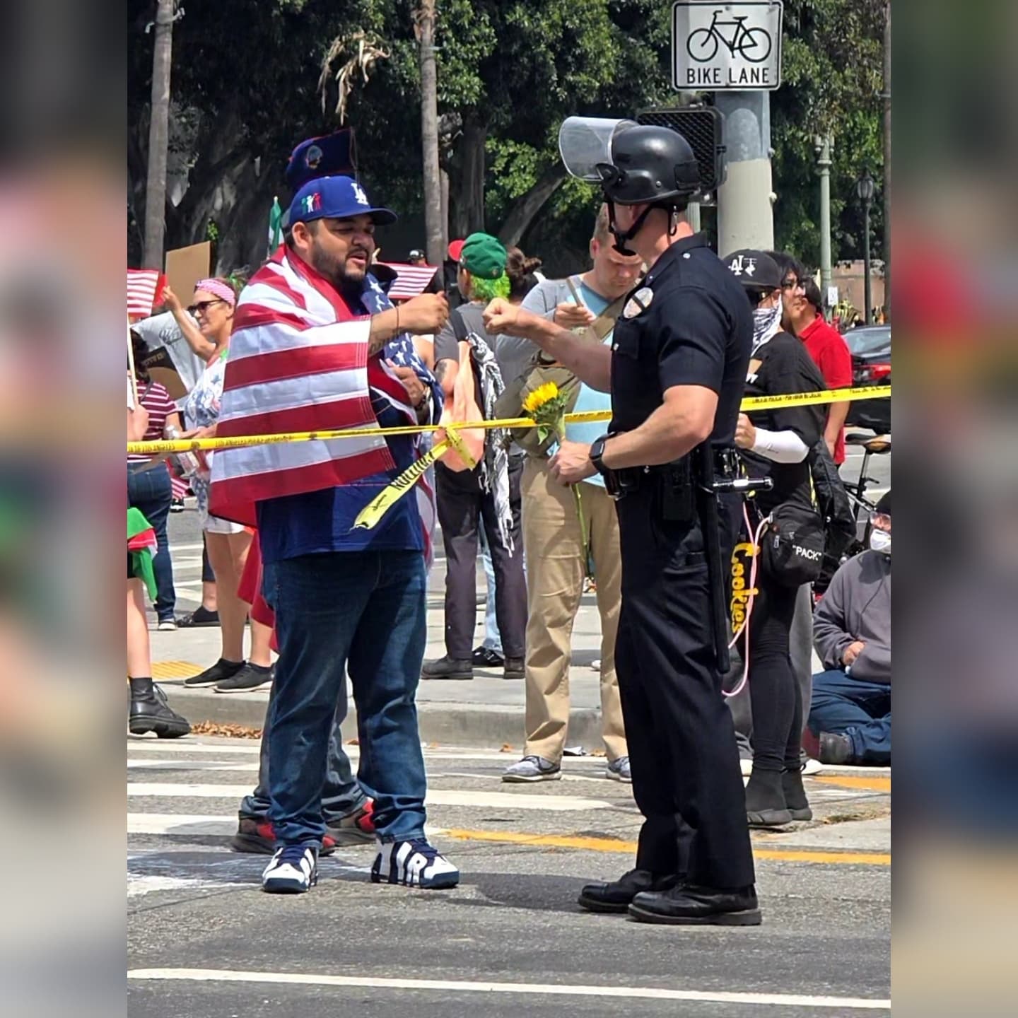 Your CSP officers are always working to build and maintain relationships in the community. Usually that means coaching a youth football team, assisting students with getting to school safely, or finding vital resources like specialized educational programs, food giveaways, or low-cost healthcare.
This week, Officers from CSP and around the city worked together to protect community members peacefully exercising their First Amendment right to free speech in downtown Los Angeles.
In any moment of connection, no matter how brief, lies the potential to share ideas, improve understanding, and change lives. While this week has been a challenge for all Angelenos, many of our officers had the opportunity to speak with demonstrators and find common ground. Continuous communication is vital.
Our neighborhood teams are looking forward to getting back to their regular duties and continuing their efforts to build strong communities.