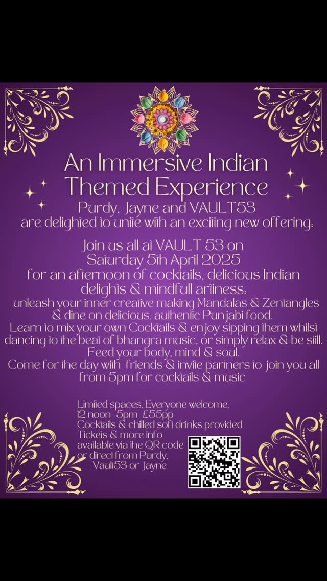 And now for something new and exciting!! Artiness, Punjabi food and your very own cocktail!!
PM to book!! Contact www.purdyspunjabicuisine.co.uk
@jayneashenburyart
