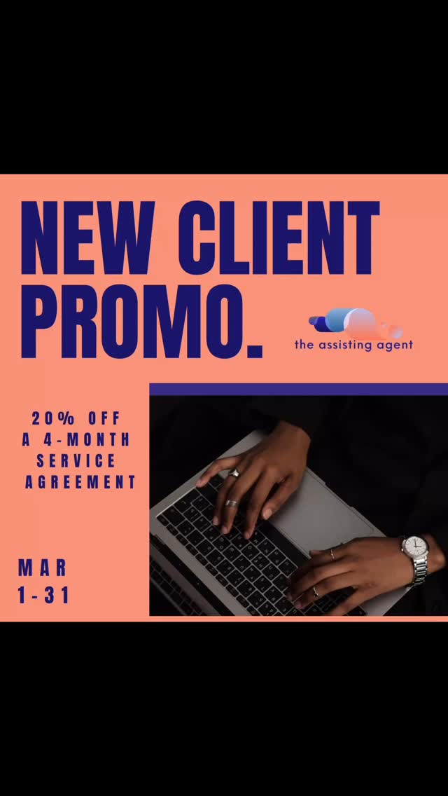Get your time back by letting The Assisting Agent support you and your business needs.
Diminish that overwhelming feeling when there is entirely too much on your plate to properly operate and focus.
Be confident when you hire and partner with the competent, consistent support your business requires to succeed.
We are currently offering a 20% savings through March 31st on a 4 month service agreement for all new clients.
Inquire TODAY!
#OBM #onlinebusinessmanagement #virtualassistant #COO #executiveassistant #digitalmarketing #adminsupport #customerservice #opsmanager #operationalsupport #theassistingagent #adminboutiqueagency #therealluxuryistime #getyourtimeback #timeismoney #timemanagement #savetime