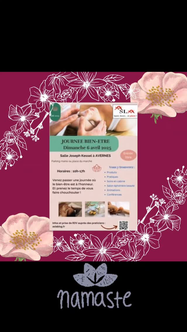 ✨ Prenez soin de vous, naturellement !
Rendez-vous au Salon du Bien-être d'Avernes le 6 avril avec l'ASLA.
Découvrez :
💆♀️ Massage Deep Tissue – 20 min à 15€
🕉️ Relaxation, soins énergétiques
🍃 Produits et conseils pour votre bien-être
🎁 Et bien d'autres surprises pour vous faire du bien !
➡️ Venez vivre une journée unique et repartez l'esprit léger !
#SalonBienÊtre 🌸 #Avernes2025 📍 #ASLA 🤝 #DeepTissueMassage 💆 #BienÊtreNaturel 🌿 #SoinsDuCorps 🧖♀️ #Relaxation 🧘 #SantéEtBienÊtre 🩺 #ÉquilibreIntérieur 🌈 #PrenezSoinDeVous 💖 #DécouverteBienÊtre ✨ #VenezNombreux 🎉