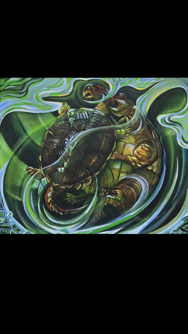 The experience OTW is huge, it’s not always about the fish catches! Take, for instance, snapping turtles. This recent painting I did, " Turtles Mating” was based on an encounter I had on the river when I saw something I couldn’t recognize. I had ended up drawing some cartoons and writing a whole story about it! Excerpt- “...It was an Unidentifiable Floating Object, the equivalent of a water lovers UFO...The movement was graceful and passively buoyant on the water. It appeared to be doing a slow sleepy dance of pure enjoyment, lazily bobbing, turning, and rolling, creating ripples across the river’s surface…I see it now...It was two huge turtles! They were embracing and rolling in the water, creating one very big turtle ball…” I researched it and learned it was mating snappers...And that is how this painting came to be…” Turtles Mating” which I affectionately refer to as Love In a Snap. Where water meets air. It is such a magical place!
🦈🐢🖌🎨🎣💓
#newhampshireoutdoors #nhrivers #fishingobsession #fishingonthebrain #snappingturtle #FishNH #fishart #fishartist #nhart #skinnywater ##riverlife
