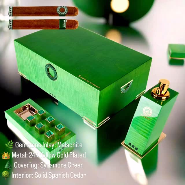 ✨ George Four Seasons Collection – SPRING
Unveil the art of refinement with this ultra-luxury set: humidor, ashtray & tabletop lighter – all adorned with rare malachite and finished in 24K gold. Crafted for true connoisseurs.
🌿 Gemstone Inlay: Malachite
👑 Metal: 24K Yellow Gold Plated
🌲 Covering: Sycamore Green
🌳 Interior: Solid Spanish Cedar
🔥 Capacity: 110 Cigars
⚡ Lighter: Triple Jet-Torch Flame
🇫🇷 Handmade in France
Buy now at www.gpgrant.com.
#GPGrantHumidor #HighEndHumidor #LuxuryHumidor #BespokeCigarHumidor #HumidorForCollectors #Malachite #HandmadeHumidor #ElieBleu #ElieBleuHumidor #LimitedEditionHumidor #PrestigeHumidor #cigarhumidor #cedarhumidor #cigars #FineCigars #CigarLifestyle #GPGrantLighters #cigarlighter #lighters #GPGrantAshtrays #IconicAshtrays #cigarashtray #ashtrays #LuxuryDesign #UltraLuxury #HandmadeInFrance #CigarAficionado #CigarLovers #LuxuryLifeStyle #GPGrant