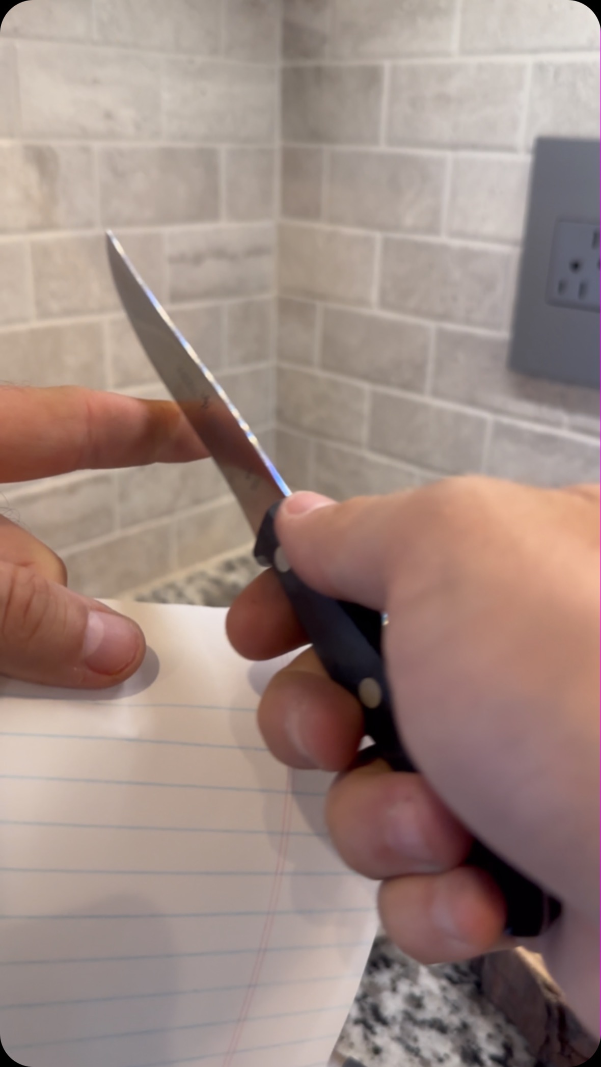Another client’s nice J. A. Henckle’s Fine Edge Pro Il steak knives - Pre and post sharpening is like night and day! Whether you have cheap or expensive set of knives, all deserve a crisp sharp edge! These are great knives and I know she will be excited when she gets them delivered back tomorrow!