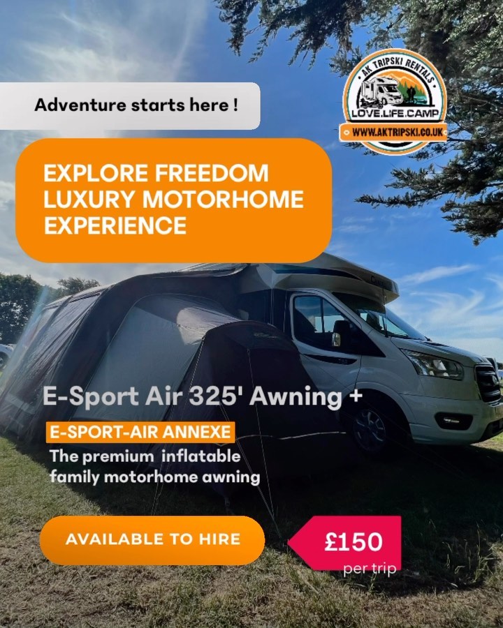 Go big or go Home ๐
We have provided optional extras space to help make your holiday a little more special.
This inflatable awning offers a generous living space with the option of adding an additional optional bedroom annexe to either left or right hand side.
ORDERING OPTIONAL EXTRAS:
Please pre-order your additional items at time of booking to avoid disappointment. All items are subject to availability.
#link in bio
#motorhomerental #motorhomehire #hertfordshire #broxbourne #hoddesdon #essex #canrental #familyholiday #holiday #motorhomelife