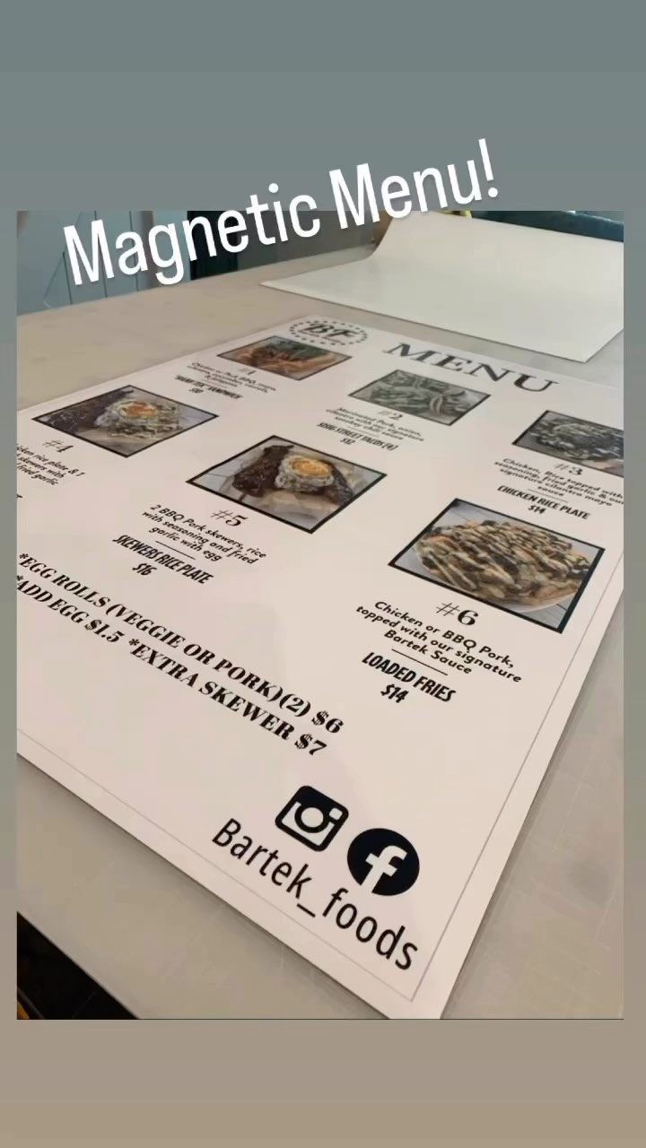 Do you own a food truck and need a menu printed? Are you in need of a magnet sign for your vehicle to promote a business? Contact us today!!! Info@eightyproofprints.com