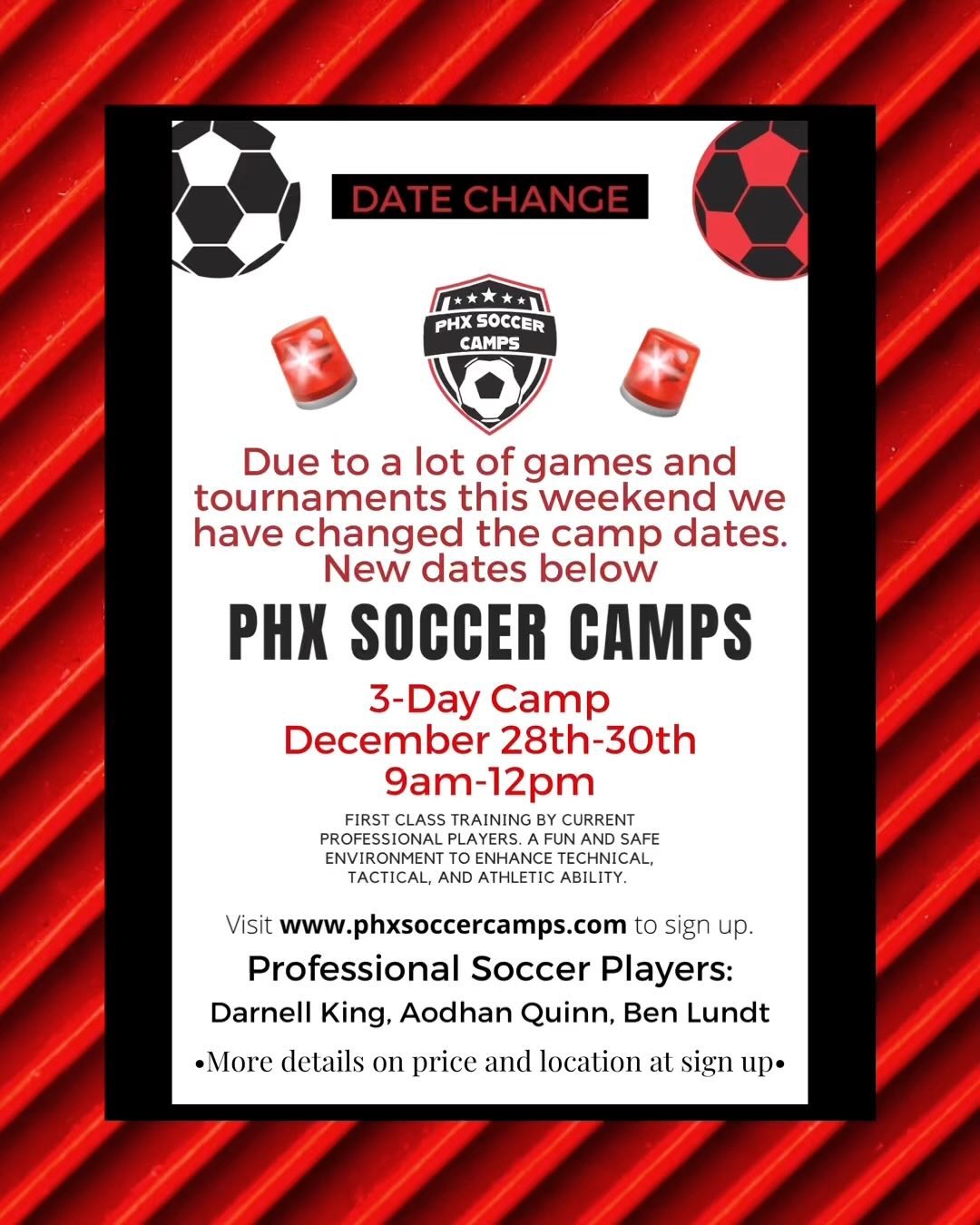 Sorry for the inconvenience to all of our campers but due to there being many tournaments and league games this weekend we decided as a group to change our camp dates to December 28th, 29th, 30th. More information to come but please still sign up as normal at phxsoccercamps.com!!! We hope to see many of you there to start the NEW YEAR off right ❤️⚽️!
•
#camp #camplife #soccer #soccercamp #phxsoccercamps #trainlikeapro