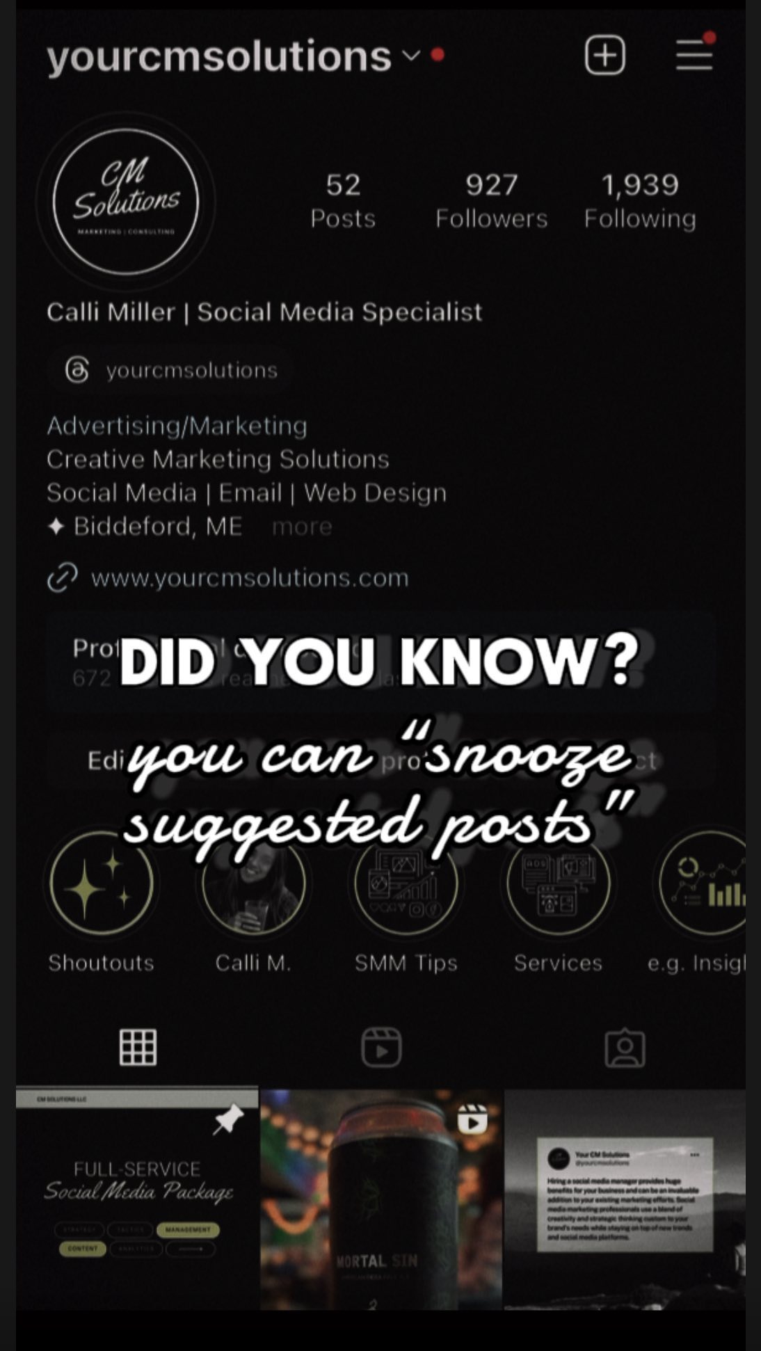 Did you know that you can SNOOZE suggested posts in your feed? Well, now you know! 🤓
Noticing way too many “suggested posts” in your Instagram feed lately? Try turning this setting on and the suggested posts off!
Let us know how your feed looks during those next 30 days. 🤙
#socialmedia #socialmediamanager #smm #marketing #digitalmarketing #newengland #instagramtips #instatricks #instatip #meta #igdaily #feedinstagram