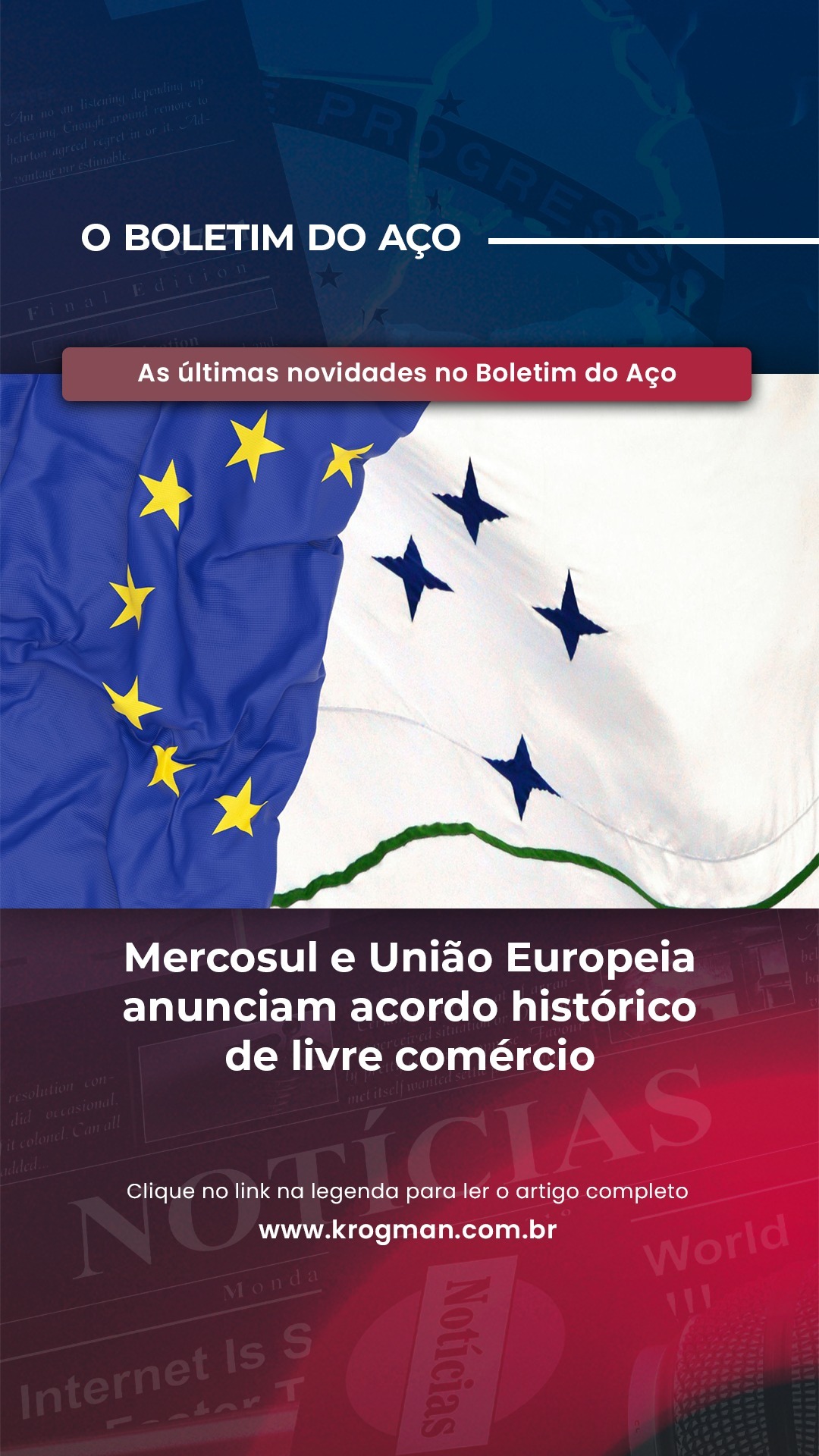 O Boletim do Aço — Mercosul e União Europeia anunciam acordo histórico de livre comércio
Os líderes do Mercosul e da União Europeia (UE) anunciaram nesta sexta-feira (6) um acordo de livre comércio entre os blocos econômicos.
Desde 1999, Mercosul e União Europeia (UE) trabalham na construção de um acordo de livre comércio entre os dois blocos.
O Acordo integrará dois dos maiores blocos econômicos do mundo. Juntos, Mercosul e UE reúnem cerca de 718 milhões de pessoas e Produto Interno Bruto (PIB) de aproximadamente US$ 22 trilhões.
Clique no link abaixo para ler o artigo completo do CNN Brasil
https://www.cnnbrasil.com.br/economia/macroeconomia/mercosul-e-uniao-europeia-anunciam-acordo-historico-de-livre-comercio/
#OBoletimDoAço #AtualizaçõesDaIndústria #Mercosul #UniãoEuropeia