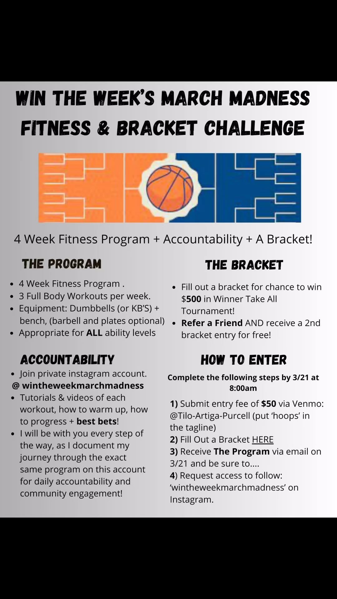 🚨🚨🚨COMING THURSDAY!
You are invited to parlay the excitement of March Madness with a 4 Week Fitness Program that follows the timeline of the tournament!
Make your fitness a priority with a program designed to match your busy schedule, does not require a full gym, AND gets you in the tournament action!
Enter bracket challenge via LINK IN BIO