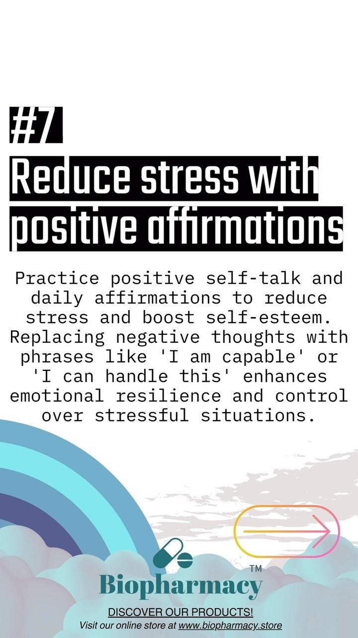❤️🌟 Reduce stress with positive self-talk and empowering affirmations 🌟❤️
Practice positive self-talk and daily affirmations to reduce stress, boost self-esteem, and cultivate an empowered mindset. Replacing negative thoughts with phrases like “I am capable” or “I can handle this” can improve emotional resilience and give you greater control over stressful situations. 💪✨
These techniques not only reduce cortisol levels, the stress hormone, but also promote emotional well-being and longevity by fostering a healthier and more optimistic mindset. 😊🌱 Keeping stress levels low is associated with increased life expectancy and a higher overall quality of life.
Source: Creswell, J. D., & Lindsay, E. K. (2014). How Mindfulness and Self-Affirmation Affect Health and Well-Being. Health Psychology, 33(6), 575-578. doi:10.1037/hea0000047.
🛒 Discover more at www.biopharmacy.store
📱 +52 33 2787 5919
#Biocell #HumanUltracell #Longevity #AntiAging #Mindfulness #SelfAffirmation #PositiveThinking #EmotionalWellbeing #StressReduction #MentalHealth #Empowerment #Resilience #LifeExpectancy #QualityOfLife #Optimism #SelfCare #Motivation #Wellness #HealthyMindset #Affirmations #PersonalGrowth #MentalStrength #Happiness #Confidence #PositiveMindset #HolisticHealth #SelfLove #Gratitude #Inspiration #MentalWellbeing