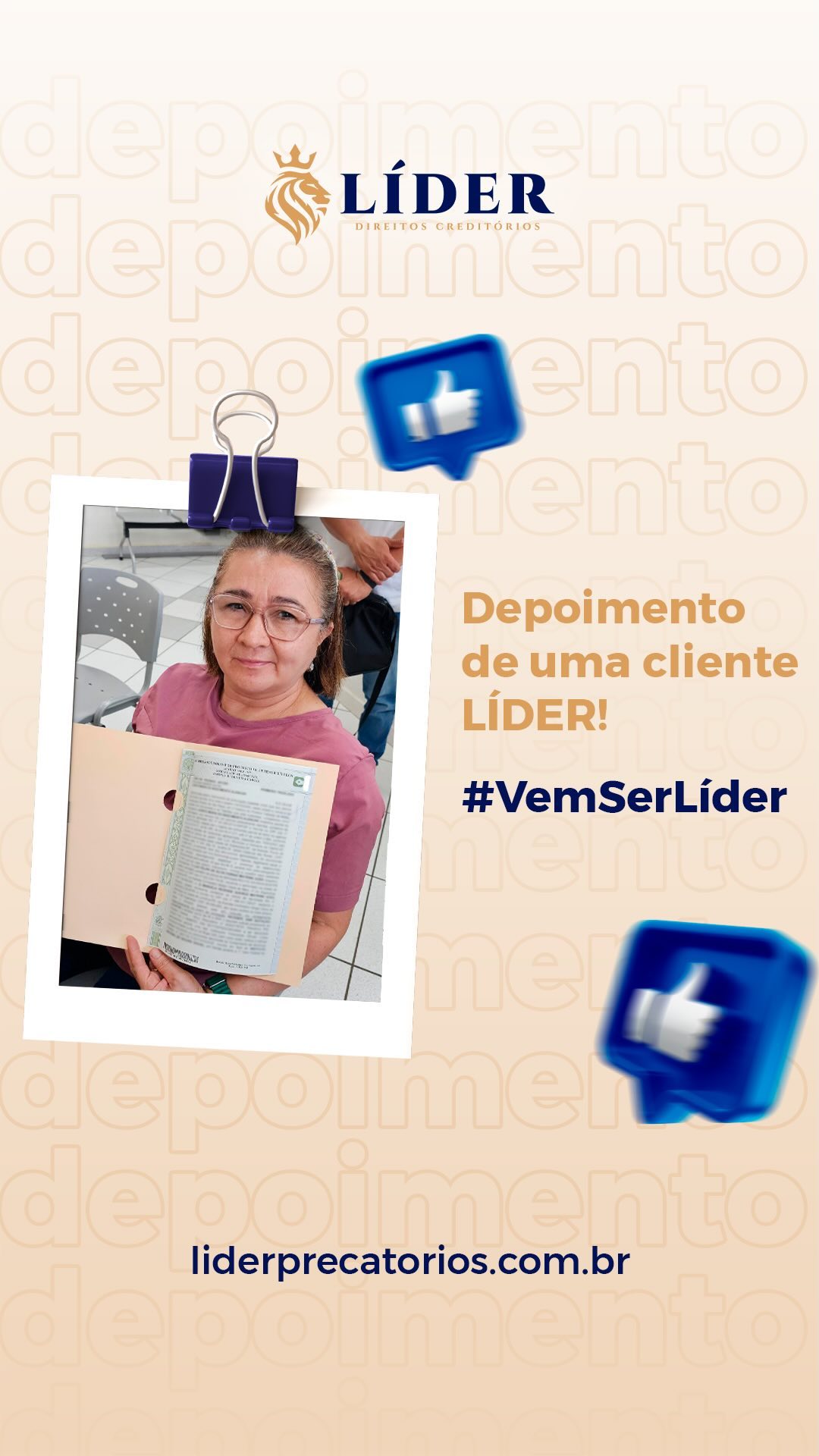 Cada depoimento como esse nos motiva a continuar entregando o melhor! 🏆💙 A Josefa confiou na Líder para antecipar seu precatório e compartilhou sua experiência com a gente. Dá o play ▶️ e confira! Obrigado por nos escolher para fazer parte dessa conquista! 🚀 #DepoimentoCliente #Precatórios #AntecipaçãoComLíder #SatisfaçãoGarantida”