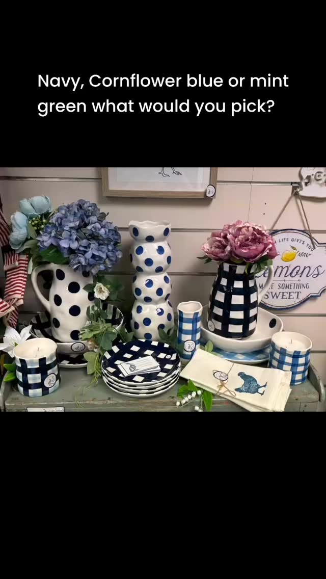 Greens, Blues ginghams, stripes spots animals and more. bring country to your home #pastels #smileeveryday #ShopAndWin #farmlife #kitchendecor #countrydecor #blues #greens #vases #AppreciateLife #timaru