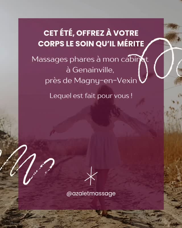 🌞 Cet été, offrez à votre corps le soin qu'il mérite 🌿
👉🏼 Au cabinet à Genainville (Val d'Oise), je vous propose 4 massages bien-être adaptés à la saison :
💆🏼♀️Kobido (lifting naturel)
💧 Drainage lymphatique brésilien
💪🏼 Deep Tissue (tensions musculaires)
☯️ Tuina (massage énergétique chinois)
🎁 Cure 4 +1 offerte à choisir entre le kobido, le drainage lymphatique brésilien
🗓️ Réservation en ligne immédiate
➡️ Cabinet proche Magny-en-Vexin - Soins bien-être personnalisés tout l'été