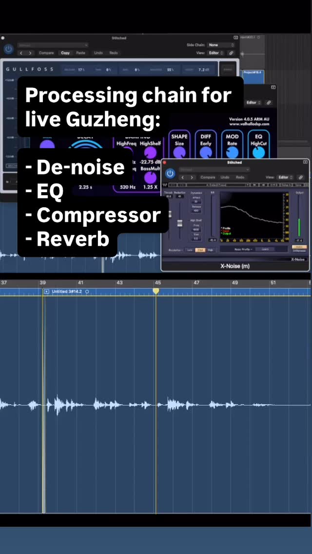 Plug-in fx chain for processing live Guzheng (partially treated space, close miking below the Guzheng’s sound port)
1. De-noise to minimise room tone
2. EQ (I’m using gullfoss to brighten the tone)
3. Compressor
4. Reverb
Played by the wonderful @xint0ngg for an upcoming score☺️