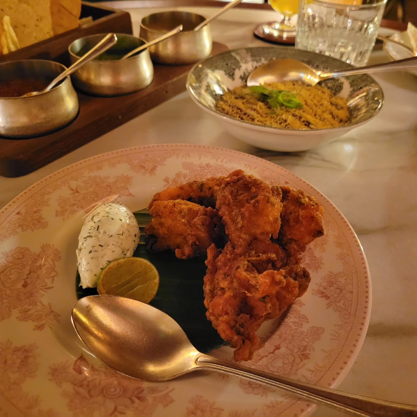 Amritsari Pink Shrimps, Lobster & Queenies, Dill Raita (Front) & Aloo Chaat, Tamarind, Sev (Back)
@gymkhanalondon #michilinguide #michilinstar #michilinrestaurant #indianfood #gymkhana #amritsaripinkshrimp #lobster #lobsterqueeniesdillrita #aloochaat #tamarind #londoneats #internationalfood #london #uk #munchandmeandereurope #munchandmeander
