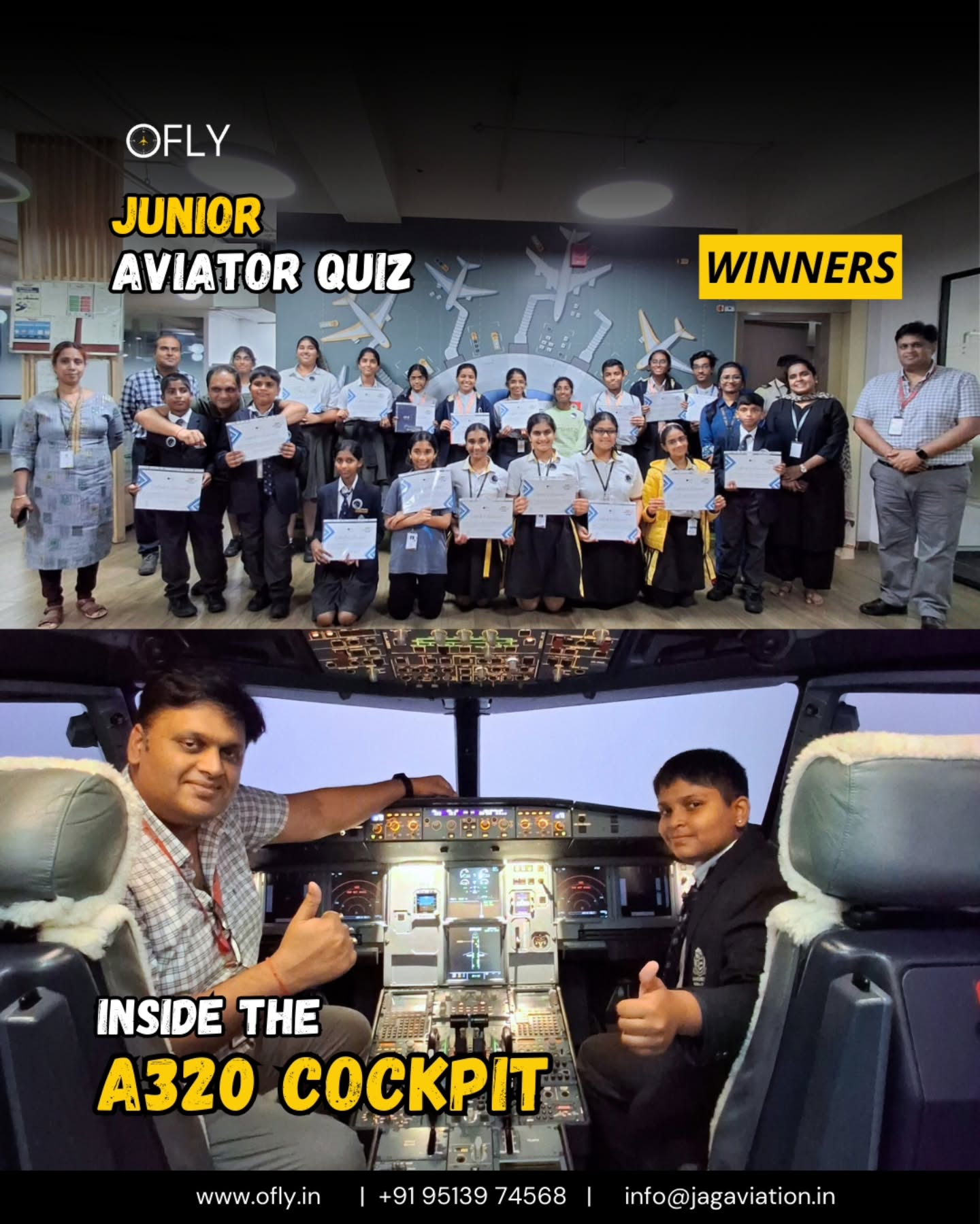 ✈️ Congratulations to all the winners of the Junior Aviator Quiz! 🏆
Your passion for aviation has earned you an unforgettable experience — a behind-the-scenes visit to an aviation facility and hands-on exposure inside the Airbus A320 cockpit!
From exploring real flight controls to stepping into the pilot’s seat, this experience wasn’t just a reward — it was a glimpse into your potential future in aviation. 🌍🚀
Here’s to sky-high dreams and the next generation of aviation professionals! 🛫💡
#JuniorAviator #AviationDreams #AirbusA320 #FuturePilots #CockpitExperience #STEMcareers #FlyHigh #AviationInspiration #OFLY