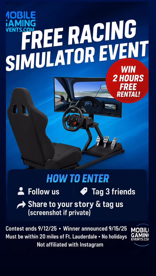 🎉 FREE RACING SIMULATOR EVENT! 🎉
Want to bring the thrill of the track to your next party or event? 🚗💨 We’re giving away a 2-hour Racing Simulator rental — FREE! (attendant included!)
👉 How to Enter:
1️⃣ Follow @MobileGamingEvents
2️⃣ Like this post ❤️
3️⃣ Tag 3 friends in the comments 🏷️
4️⃣ Share this post to your story & tag us 🔁
(If your account is private, send us a screenshot)
📅 Contest ends: 9/12/25
🏆 Winner announced: 9/15/25
📍 Must be within 20 miles of Ft. Lauderdale
❌ No holidays
⚡ This giveaway is not affiliated with Instagram
Good luck, racers! 🏁🔥
#MobileGamingEvents #FortLauderdaleEvents #RacingSimulator #PartyRental #SouthFloridaEvents #giveaway #partyrentals #eventplanner #fortlauderdale #hialeah #contest #miami #racing #giveawaycontest #southflorida #giveawaytime #like #comment #share #tag #westpalm #boca #partyideas