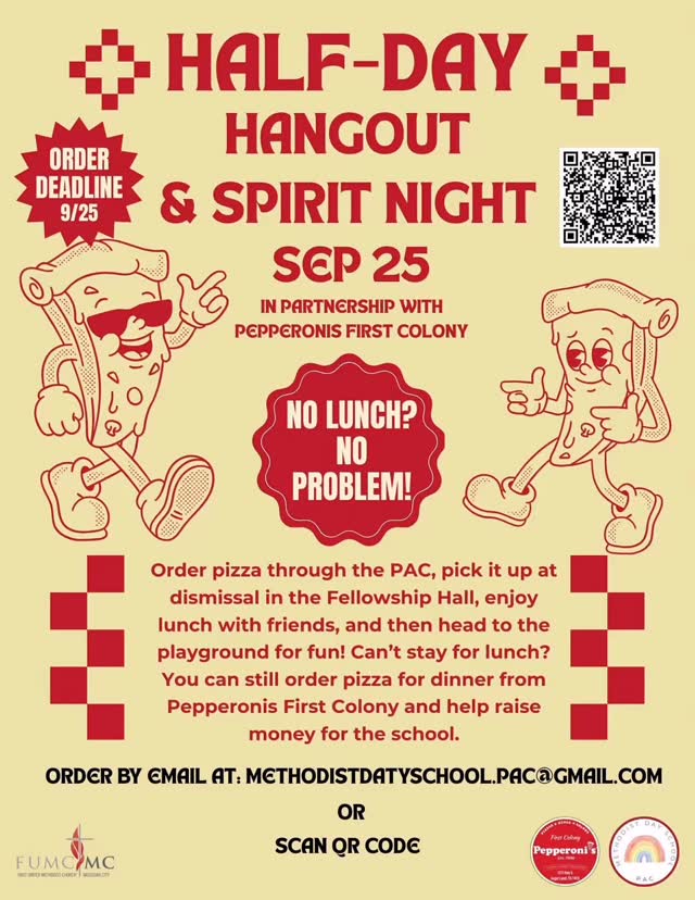 🍕 Half-day Hangout is THIS Thursday, September 25! 🎉
Order a pizza for your family, then after pick-up head over to the Fellowship Hall:
✅ Grab your pizza 🍕
✅ Eat lunch with friends 🥗🥤
✅ Hang out on the playground 🛝
No need to make lunch—just show up, relax, and enjoy!
👉 Place your order here: https://docs.google.com/forms/d/e/1FAIpQLSdMc1_YOfVkV_rDmnuOR5dHBIBqXidnWppTMMjfmMi-kBMM7Q/viewform?usp=dialog