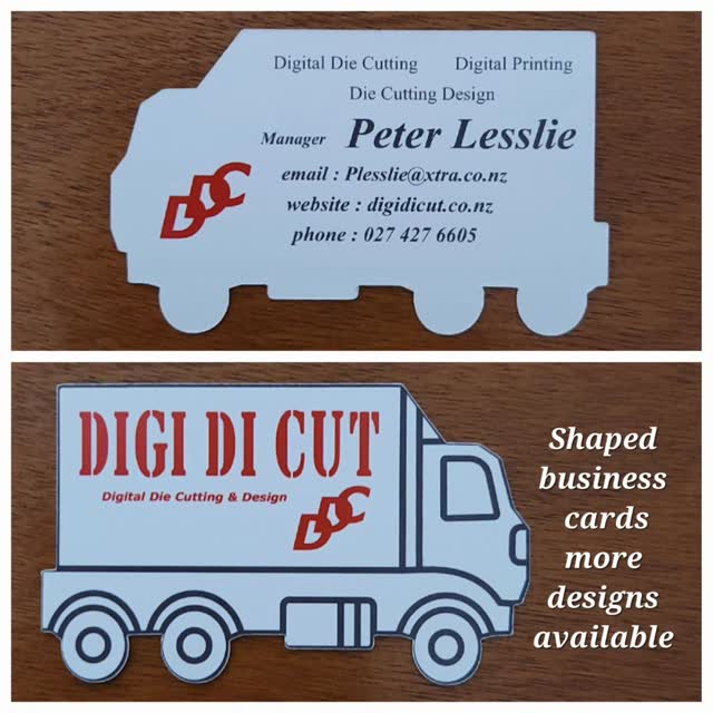 Shaped business cards at no extra cost and more shapes are available, have the business card shape that you've always wanted at Digi Di Cut plesslie@xtra.co.nz