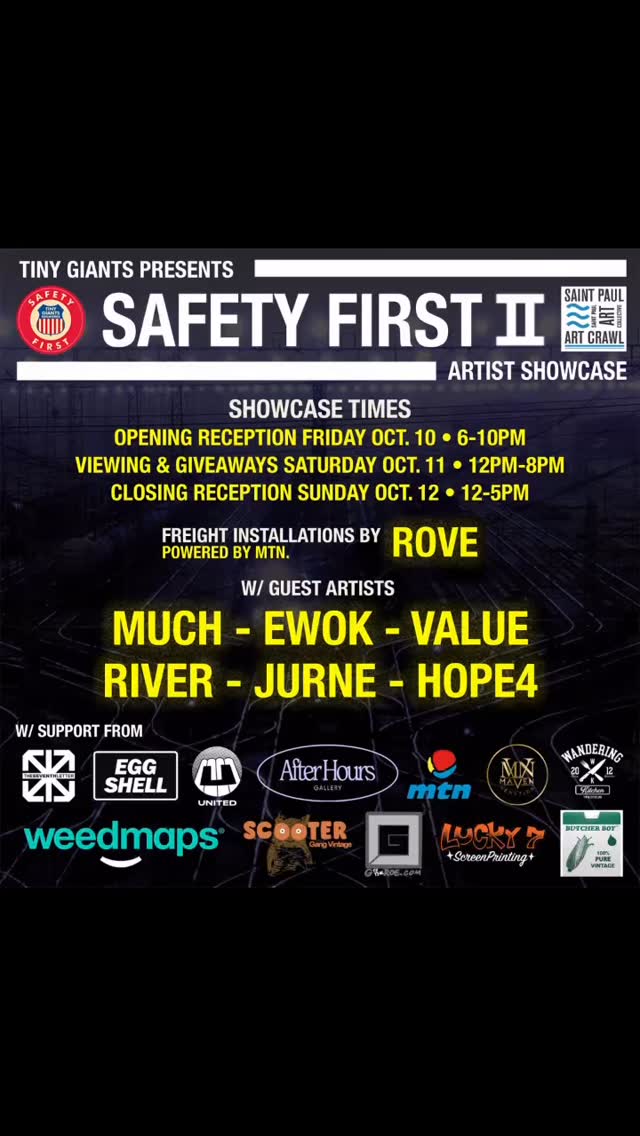 Here we go again!!! Headed out to St. Paul MN. For the @stpaulartcollective art crawl! Next weekend from Friday to Sunday we will be showcasing Safety First II with over 100 historic railroad used first aid kits from over the last 125 years! Over 80 artists from 6 countries work will be on display. Freight wall installations by @rove_cbs_fr8ophiles and a few friends on hand to paint along….See you there!!