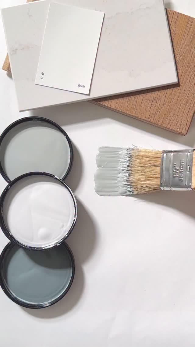 3 Cabinet Colors for White Counters	
BENJAMIN MOORE BOOTHBAY GRAY HC-165: A beautiful shade of mid-tone gray with a blue/green undertone reminiscent of sea glass. 
BENJAMIN MOORE GRAY STEEP CLIFF GRAY 2122-20: A moody smokey gray with cool blue/green undertone.
BENJAMIN MOORE INTENSE WHITE OC-51: Clean and crisp, slightly modern without feeling cold with a flash a green.
Comment PAINT and I will DM a link to my free design boards where I show you how to style these paint colors with curated fixtures, flooring, lighting and more from your favorite home brands. 
Love home decor?  Don’t forget to follow, like and share.  New reels are posted weekly!
#interiordesign #benjaminmoore #paintcolors #homedecor #designinspiration #interiorpaint