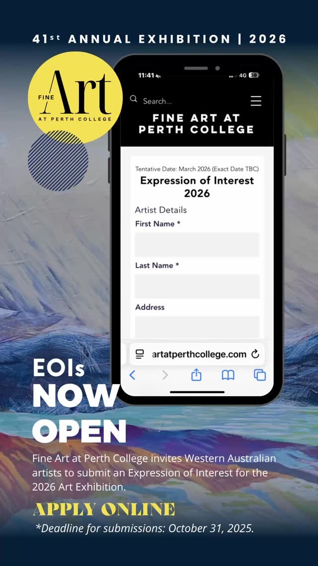 Expressions of Interest STILL OPEN for the 2026 Fine Art at Perth College Exhibition!
This is your opportunity to be considered for inclusion in our 41st annual exhibition - a highly anticipated event on the @perth_college calendar. This professionally curated exhibition celebrates the creativity of both emerging and established Western Australian artists.
We welcome submissions from WA-based artists working in all mediums.
🗓️ Submissions close: 31 October 2025
📍 Open to WA-based artists
🔗 Apply online now – LINK IN BIO