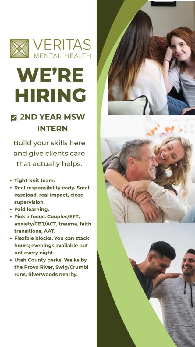 Looking to learn what really works for your clients? We have what you need! Veritas Mental Health has experienced therapists that know what’s effective but are also willing to innovate! We fully support helping you find your dream clients, offer paid learning opportunities (supervision and staffing), flexible scheduling, in a low-drama environment, and our office is close to the Provo River Trail, Riverwoods, minutes from BYU and UVU. Contact information is in the link in our bio. #veritasmentalhealth #healingthroughconnection #normalizementalhealth #utahcounty #provo #orem #utahcountytherapy #utahtherapist #uvu #byu #animalassistedtherapy
