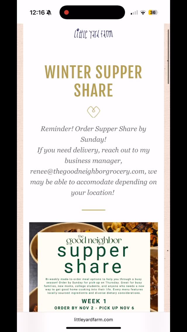 So many new things!!
1.) For people who loved meal deliveries, check out Supper Share! Place orders for Week 1 by Sunday!! http://tinyurl.com/suppershare
2.) Thanksgiving Pre-Orders now open: http://tinyurl.com/ThanksgivingPreorders25
3.) Take a class with me! Thegoodneighborgrocery.com/order