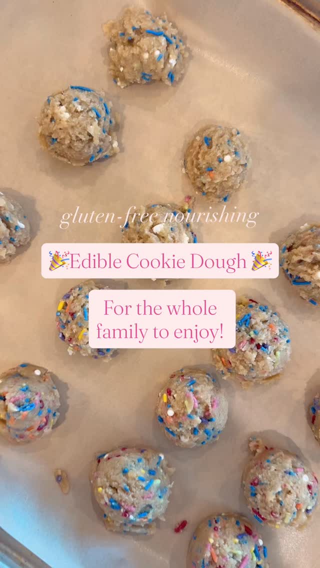 My family loves these! 💖
🎉 Confetti Cookie Dough Balls 🎉
-1 cup extra fine almond flour
-1/2 cup + 2 T. Arrowroot flour
-2 t. Coconut flour
-3 T. Coconut oil, melted
-5 T. Maple syrup
-1/2– T. Vanilla extract
-1/4 teaspoon Himalayan salt
-Dye-Free Sprinkle
Mix the ingredients together with a spoon or fork until evenly combined! Scoop with a small cookie scoop and store in the fridge!