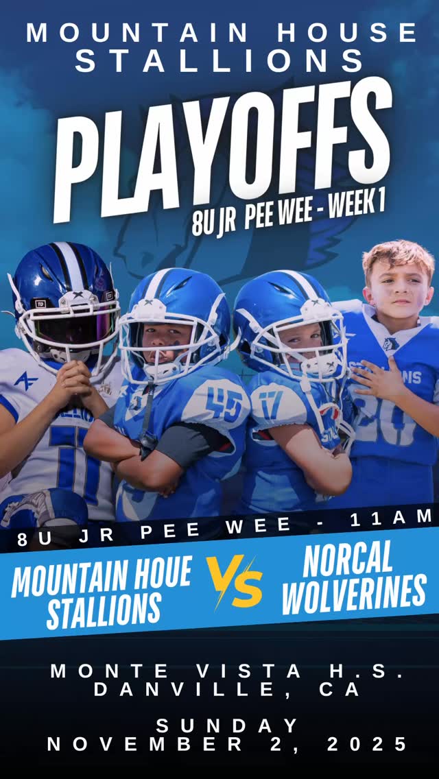 🔥 STALLIONS ARE PLAYOFF BOUND! 🔥
All FOUR Mountain House Stallions football teams have punched their ticket to the EBYFC Playoffs! 💪🏈
Here’s the lineup for Playoff Week 1 (This Weekend!):
🐎 8U vs NorCal Wolverines
🐎 10U vs San Ramon T-Birds
🐎 12U vs San Ramon T-Birds Blue
🐎 14U vs San Ramon T-Birds
PLUS — we’re hosting the EBYFC Varsity Playoffs this Sunday, Nov 2nd at Mountain House High School! 🙌
Come out, wear your Stallions gear, and make some noise as we represent Mountain House with pride and energy!
#StallionNation #EBYFCPlayoffs #MHStallions #GoStallions #CommunityPride