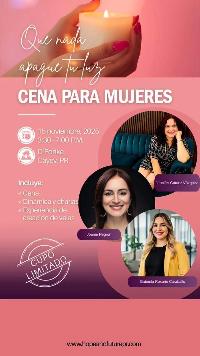 ✨ Que nada apague tu luz ✨
Este sábado 15 de noviembre en D’Ponke, Cayey, vive una experiencia que no solo ilumina el alma… sino que te recuerda quién eres. 💛
Una tarde con:
🌿 Cena deliciosa y buena compañía
🕯️ Creación de velas con Glow Candles PR
💬 Charlas poderosas con Jennifer Gómez Vázquez y Gabriela Rosario
💫 Porque cuando una mujer enciende su luz, ilumina a muchas más.
🔥 Últimos espacios disponibles.
Esta es la última semana para separar tu espacio y vivir una experiencia que te devolverá calma, propósito y energía.
📅 Sábado, 15 de noviembre de 2025
📍 D’Ponke, Cayey
🕞 3:30 p.m. – 7:00 p.m.
🎟️ $65
🎟️ Reserva ahora en 👉 https://tr.ee/NUemo6Ey7Z
No dejes que esta oportunidad se apague. 💛