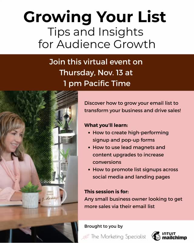 COMMENT āLISTGROWTHā for the link!
Want more leads and better engagement? Start with a healthy, growing email list.
Your email list is one of your most valuable marketing tools.
Join me for my free upcoming Growing Your List workshop and learn how to:
š§ Create irresistible signup forms that convert
š§ Use social media to attract more subscribers
š§ Keep your list healthy and engaged with best practices
Date: Thursday, Nov. 13th 1 pm Pacific Time
Time: 1 pm Pacific Time
Location: Online
Spaces are limitedāreserve your spot today! COMMENT āLISTGROWTHā for the link!
Please feel free to share this with whoever might benefit from it!
#Emailmarketing #listgrowth #mailchimp #emailmarketingtips